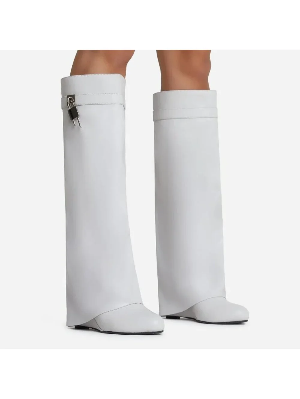 Women's White Fold Over Wide Calf Wedge Heel Knee High With Decorative Lock Boot